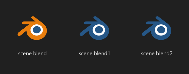 scene.blend with the orange Blender icon next to scene.blend1 and scene.blend2 with a blue one